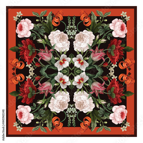 Design scarf with oil painting rococo still-lifes flowers. Vector.