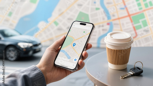 a dynamic scene of a smartphone with a visible GPS map, coffee cup to-go