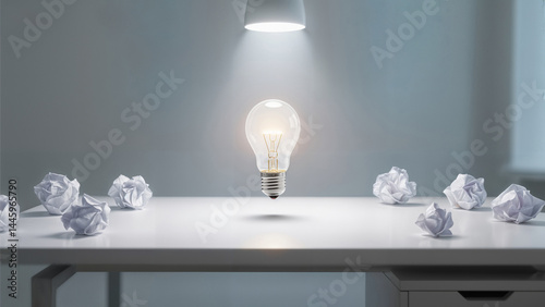 a glowing classic light bulb floating in mid-air above a white desk