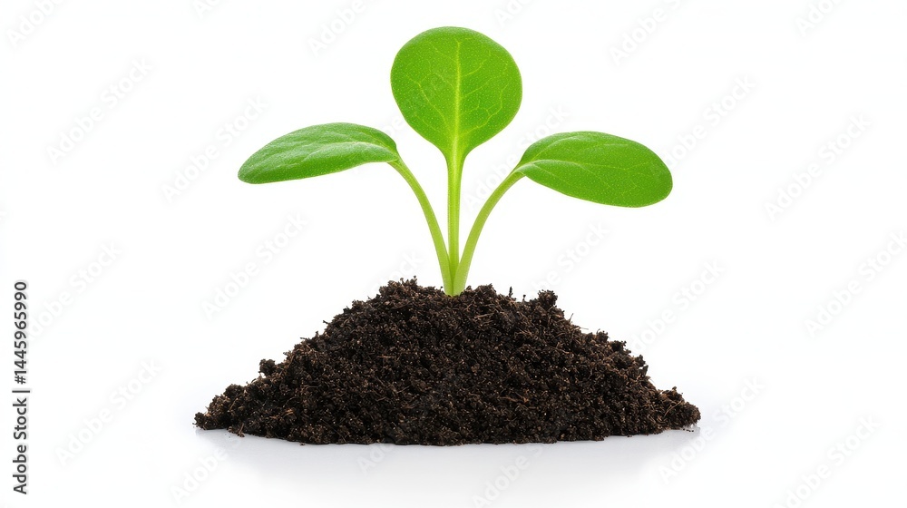 Vibrant Green Seedling Emerging from Dark Soil Against White Vibrant Green Seedling Emerging from Dark Soil Against White