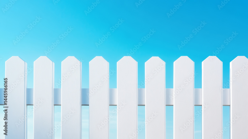 Minimalist image of white picket fence under a clear blue sky, evoking feelings of peace, security and summer vibes Minimalist image of white picket fence under a clear blue sky, evoking feelings of peace, security and summer vibes