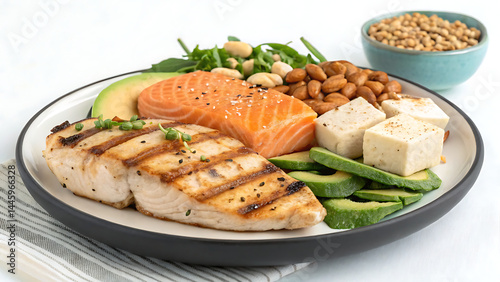Grilled Chicken Breast Salmon Tofu Protein to Eat with Healthy Bowl for Food Menu Commercial Use