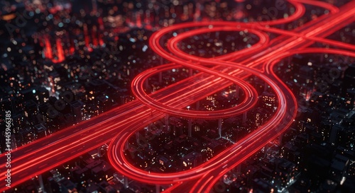Aerial View of Futuristic Highway Network with Glowing Red Lights Above Cityscape

