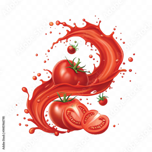 realistic tomato red juice or ketchup sauce splashes in different style isolated on transparent background
