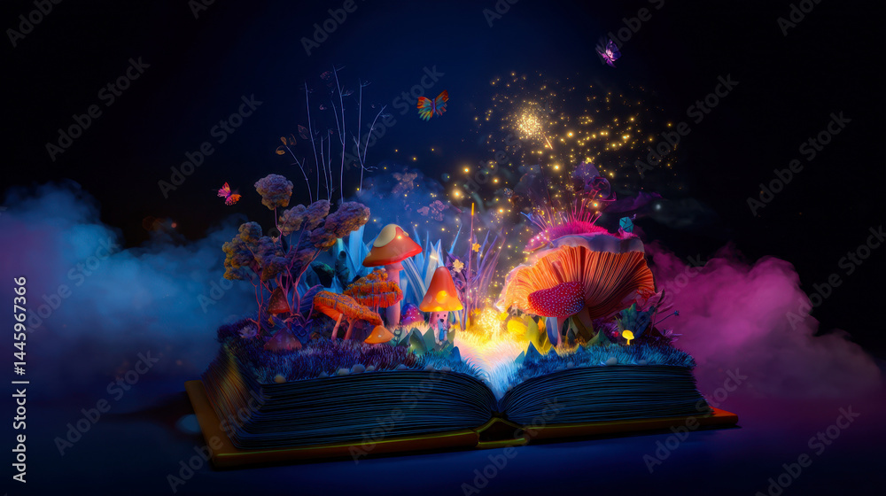 Obraz premium Vibrant magical landscape emerging from an open book with colorful mushrooms and butterflies