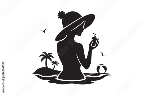 Summer Woman on Beach with Sunscreen Silhouette Vector Tropical Island Vacation Clipart