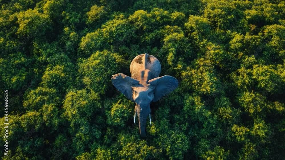Elephant in the Jungle: A lone elephant emerges from a dense green jungle, its massive form towering above the lush foliage. This majestic creature's presence commands respect and wonder. Elephant in the Jungle: A lone elephant emerges from a dense green jungle, its massive form towering above the lush foliage. This majestic creature's presence commands respect and wonder.