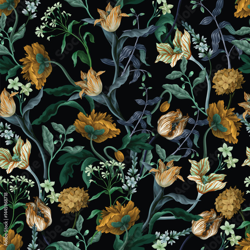 Seamless floral pattern with oil painting rococo still-lifes flowers. Vector.
