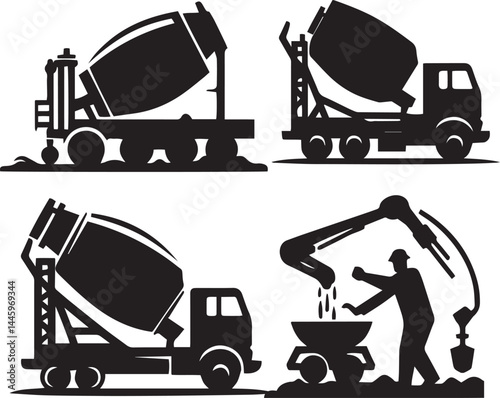 cement mixer silhouette vector, black and white cement mixer illustration, construction vehicle silhouette set, cement truck vector clipart, heavy machinery silhouette icons, concrete mixer truck blac