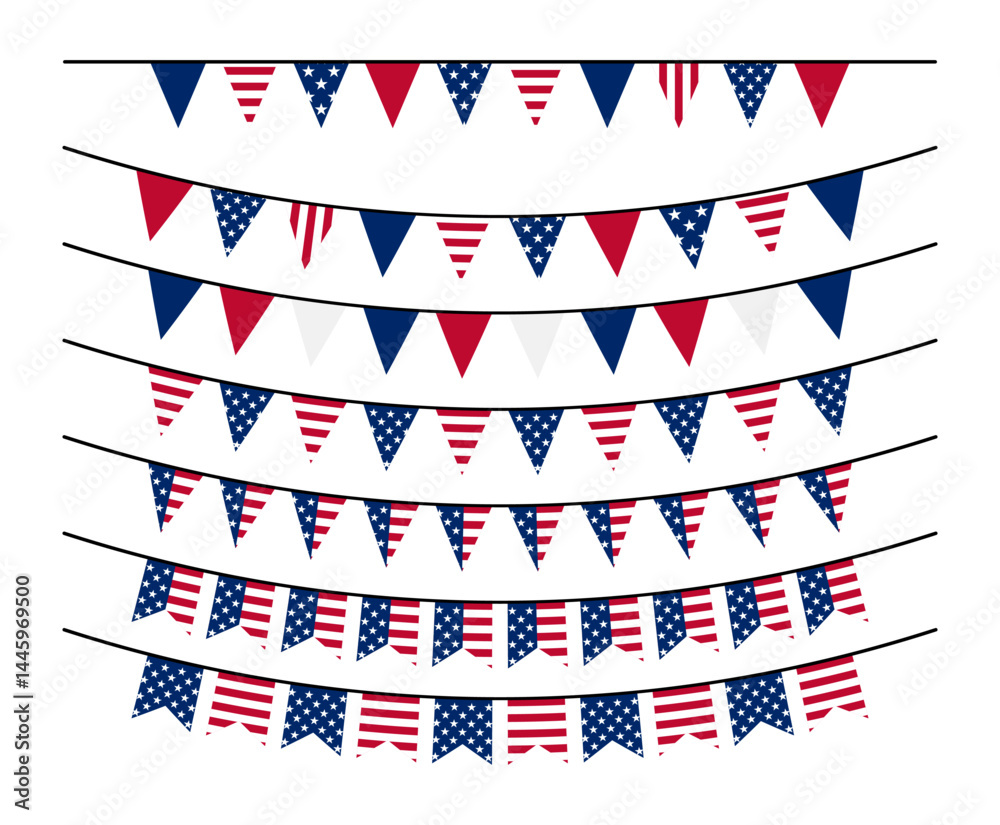 Obraz premium American flag themed vector bunting and garland set. Memorial, labor day. Independence day, 4th July. Birthday, anniversary. Vector illustration
