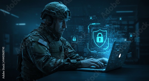 Military Cyber Security Specialist Working on Laptop