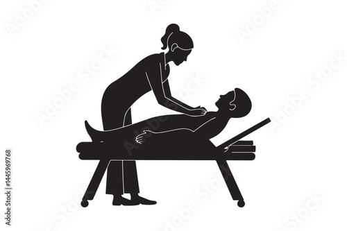 Massage Therapy Silhouette of Woman Therapist and Man on Table Vector Illustration