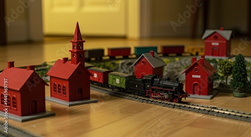 Miniature Model Train Set on Wooden Floor with Town Buildings

