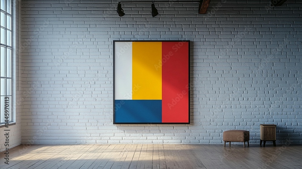 Modern abstract art hangs on a white brick wall in a minimalist room with hardwood floors and sunlight. Modern abstract art hangs on a white brick wall in a minimalist room with hardwood floors and sunlight.