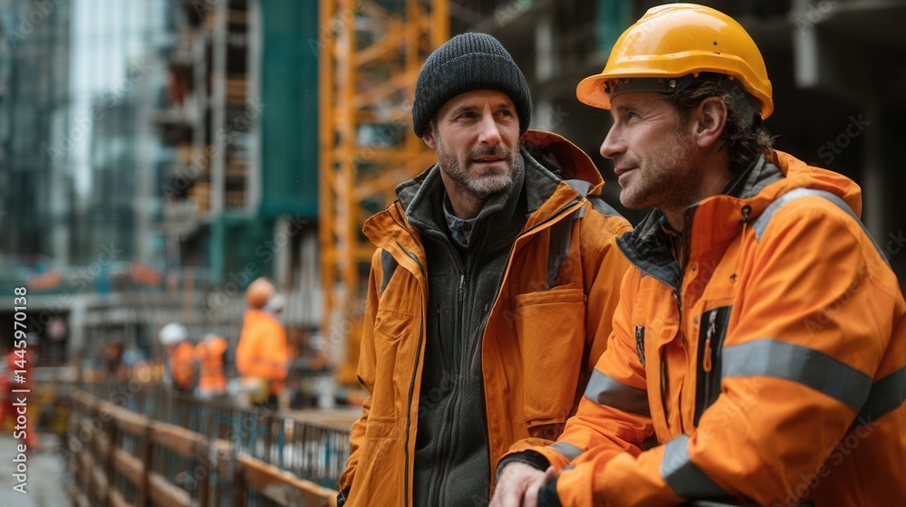 Focused adult construction workers discussing at building site