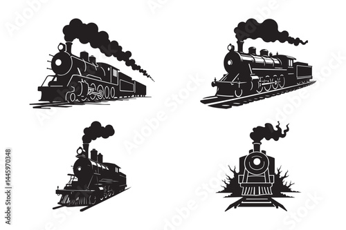 Vintage Steam Train Silhouettes Classic Locomotive Vector Set