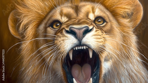 Fierce lion roaring, close-up portrait.