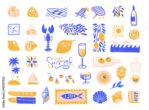 Italian style vacation hand drawn hatching illustrations set in hand drawn style with doodle sketch elements. Lemons, wine and pasta in dolce vita style. Pencil drawings for poster, placard. Vector