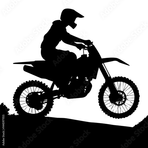 Black and white silhouette of a stunt motorcyclist on a cross-country motorcycle on a white background. Vector graphics. EPS.