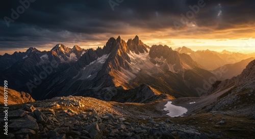 Majestic Mountain Landscape at Sunset with Reflective Water

