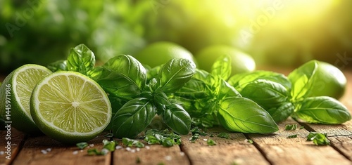 Fototapeta Naklejka Na Ścianę i Meble -  Fresh Basil and Limes on Rustic Wooden Table: A Culinary Delight