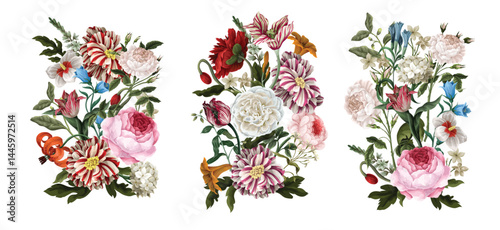 Bouquets with oil painting rococo still-lifes flowers. Vector.