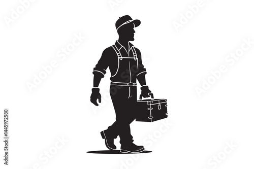 Worker Silhouette Vector Construction Man Carrying Toolbox Illustration