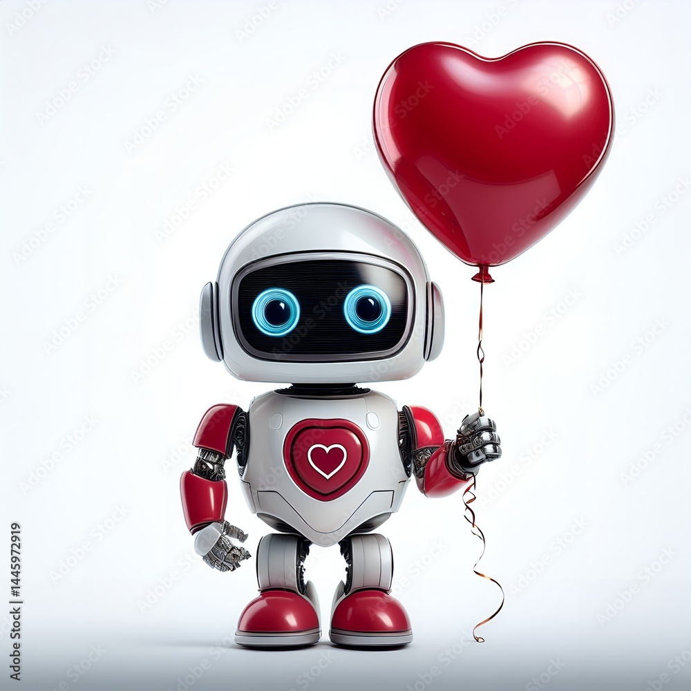 A small humanoid robot with a white and red design holds a red heart shaped balloon. The robot features glowing blue eyes and a heart emblem on its chest. A small humanoid robot with a white and red design holds a red heart shaped balloon. The robot features glowing blue eyes and a heart emblem on its chest.