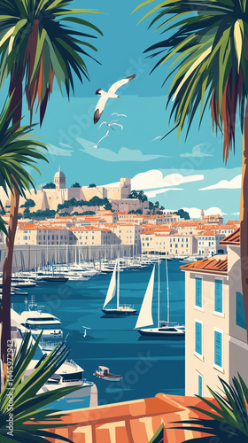 Illustration, view on marseille harbor in France, touristic advertisement poster, travel poster. Beautiful must-see tourist travel destination in the south of France. Popular european travel spot.