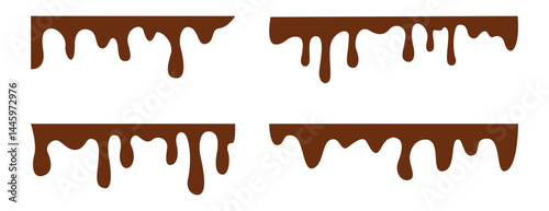 Melted chocolate drips background. Melt chocolate liquid flowing. Spilled, drop, leak. Vector illustration