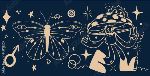 Hand-drawn vintage mystical and magic symbols illustration