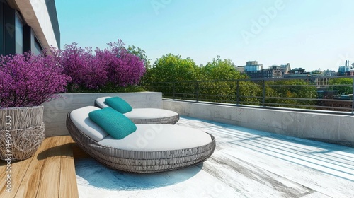 Modern rooftop terrace with lounge chairs, plants, and city view.