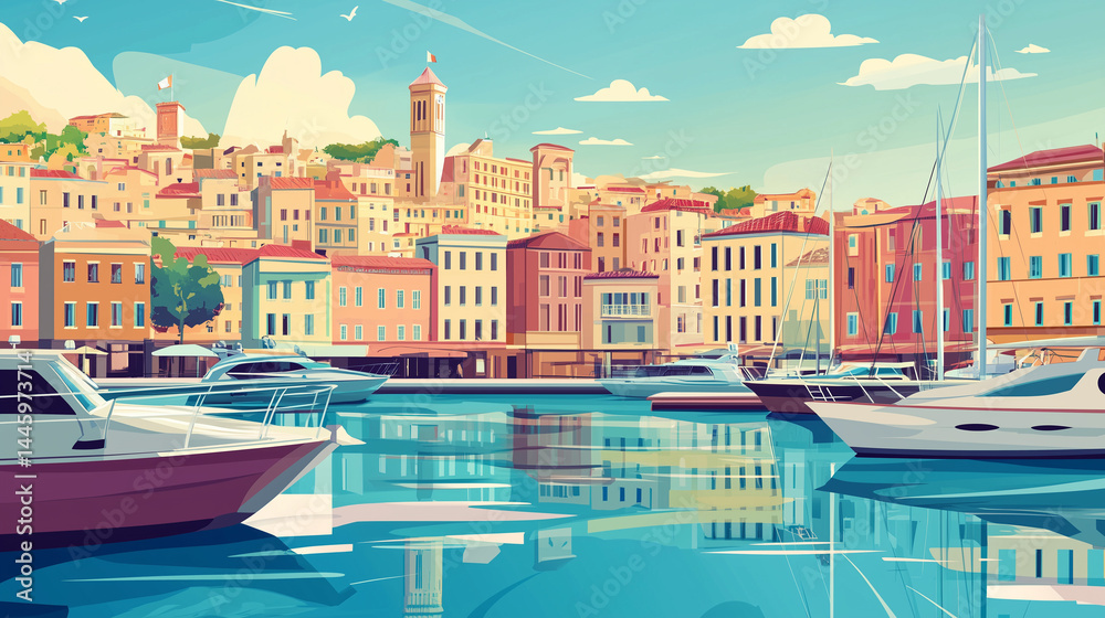 Fototapeta premium Illustration, view on marseille harbor in France, touristic advertisement poster, travel poster. Beautiful must-see tourist travel destination in the south of France. Popular european travel spot.