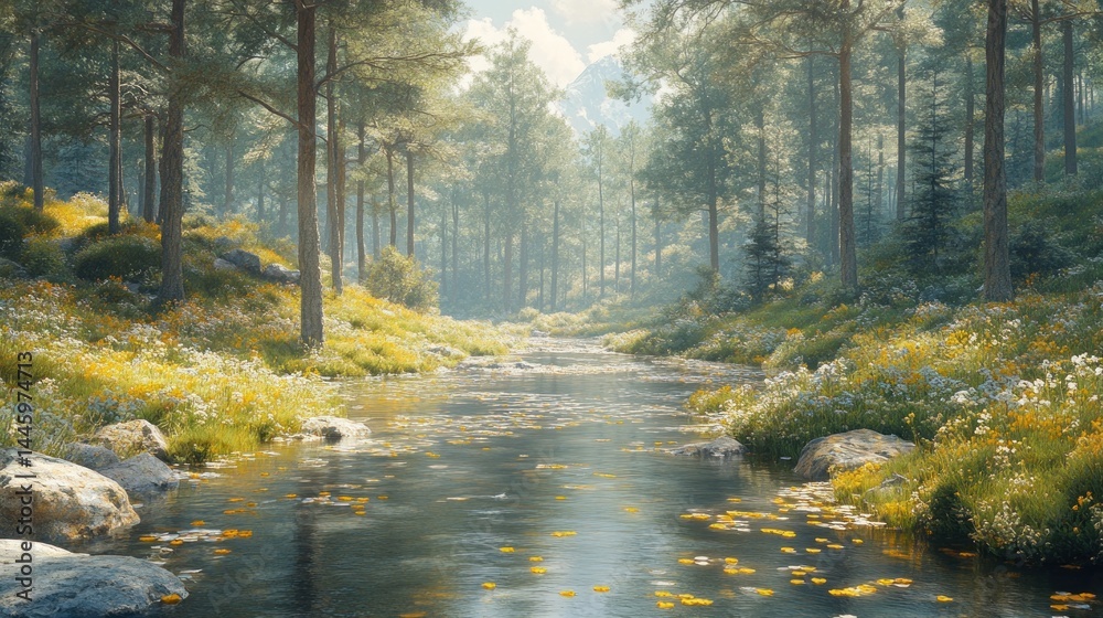 Serene Forest River: A Digital Painting of Tranquil Nature Serene Forest River: A Digital Painting of Tranquil Nature
