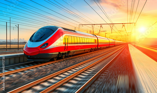 Modern red train speeding on tracks at sunrise with lens flare and blurred motion