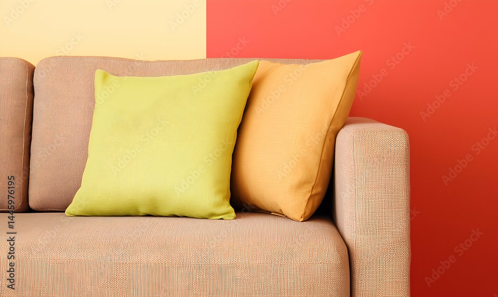 Two pillows on a beige couch against a two-toned orange and yellow wall, creating a cozy and colorful aesthetic Two pillows on a beige couch against a two-toned orange and yellow wall, creating a cozy and colorful aesthetic