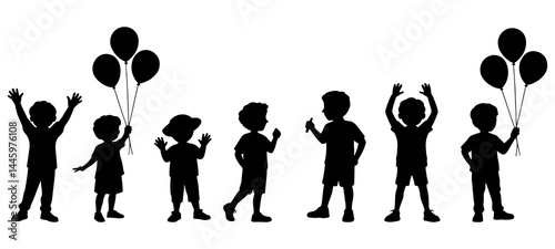 Children silhouette. Group of children in various poses on a white background.