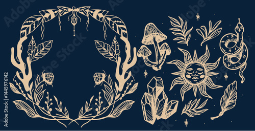 Hand-drawn vintage mystical and magic symbols illustration