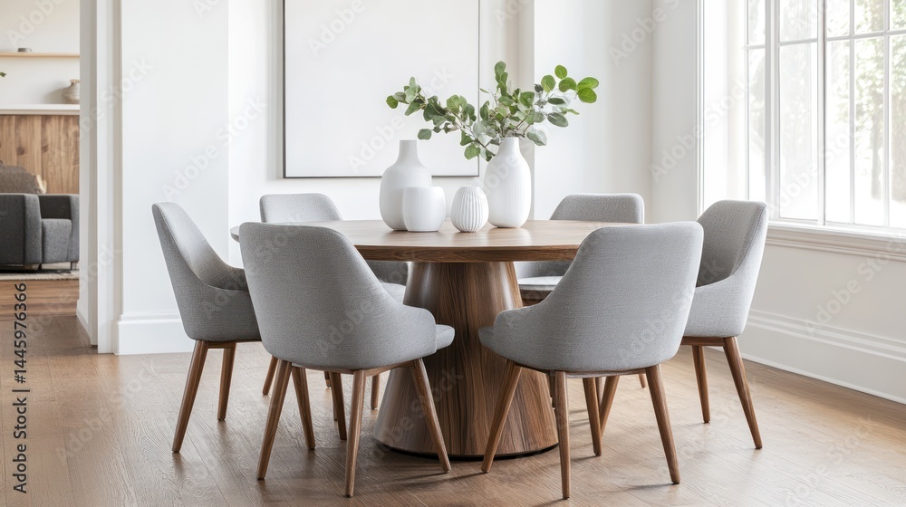 Modern dining room with light, minimalist decor.  Round wooden table, gray upholstered chairs, white vases with greenery