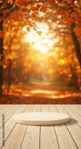 Autumn Forest Background with Wooden Podium