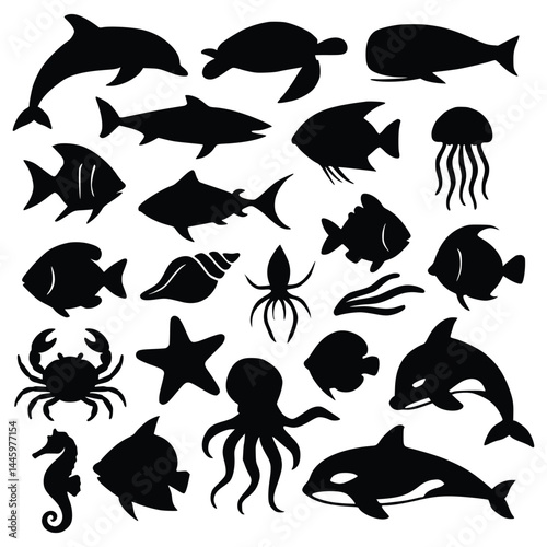 Black Marine Animal Silhouettes Vector Collection