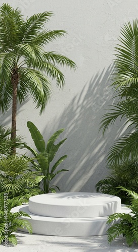 White Circular Podium with Tropical Plants