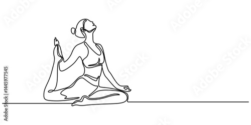 Woman sitting in meditation continuous one line drawing. Yoga sign in simple linear style. Vector illustration, Continuous one line drawing of beautiful female yoga pose character. woman doing yoga. 