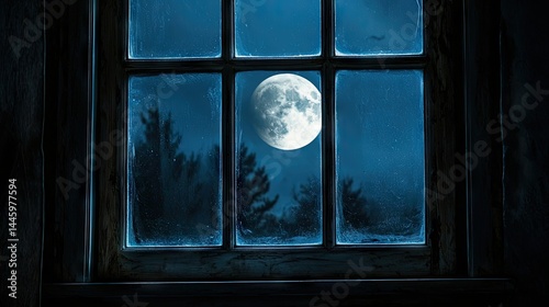 Full moon viewed through a window at night.