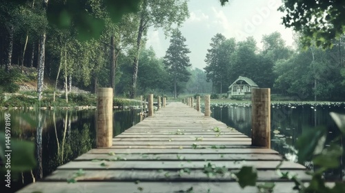 Serene wooden boardwalk path through tranquil forest lake..