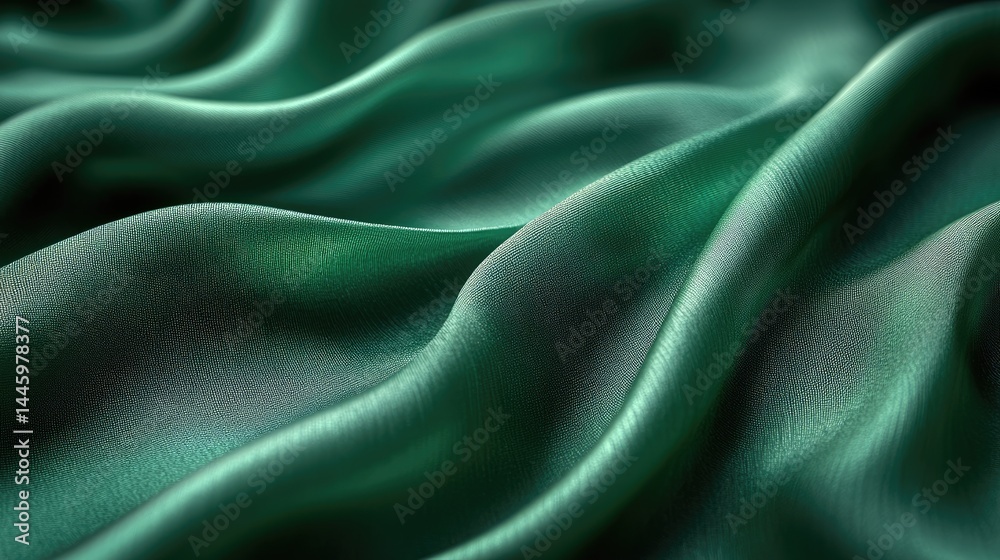 Fototapeta premium Luxurious emerald green silk fabric creating soft, flowing waves with intricate texture and sheen under soft lighting