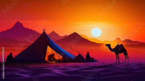 Desert sunrise with nomads in a tent camp.