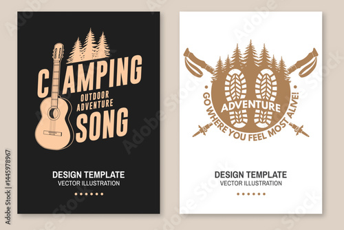 Outdoor adventure flyer, poster, banner design. Concept for shirt or logo, print, stamp or tee with hiking boot print, footprint, guitar and pine forest silhouette. Outdoor adventure. Vector.