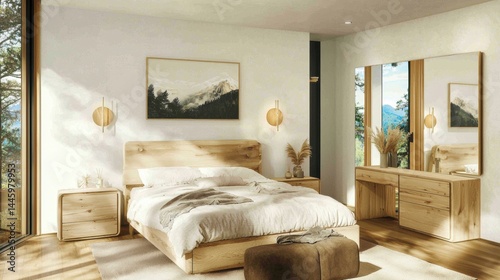 Modern light-toned wooden bedroom suite with natural light, minimalist design, and mountain view.