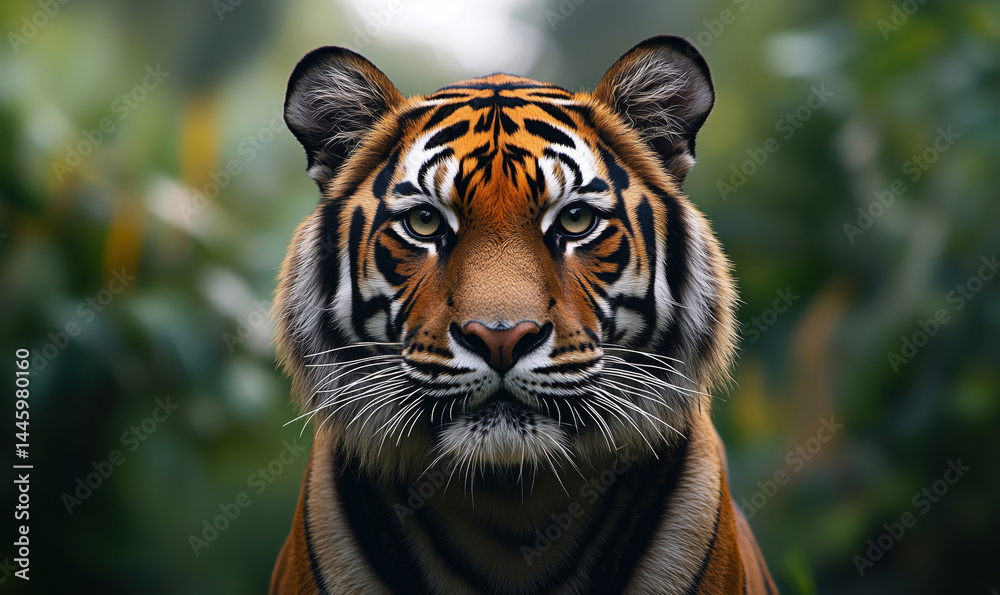 Fototapeta premium Majestic tiger portrait showcasing striking features and vibrant colors in natural habitat.